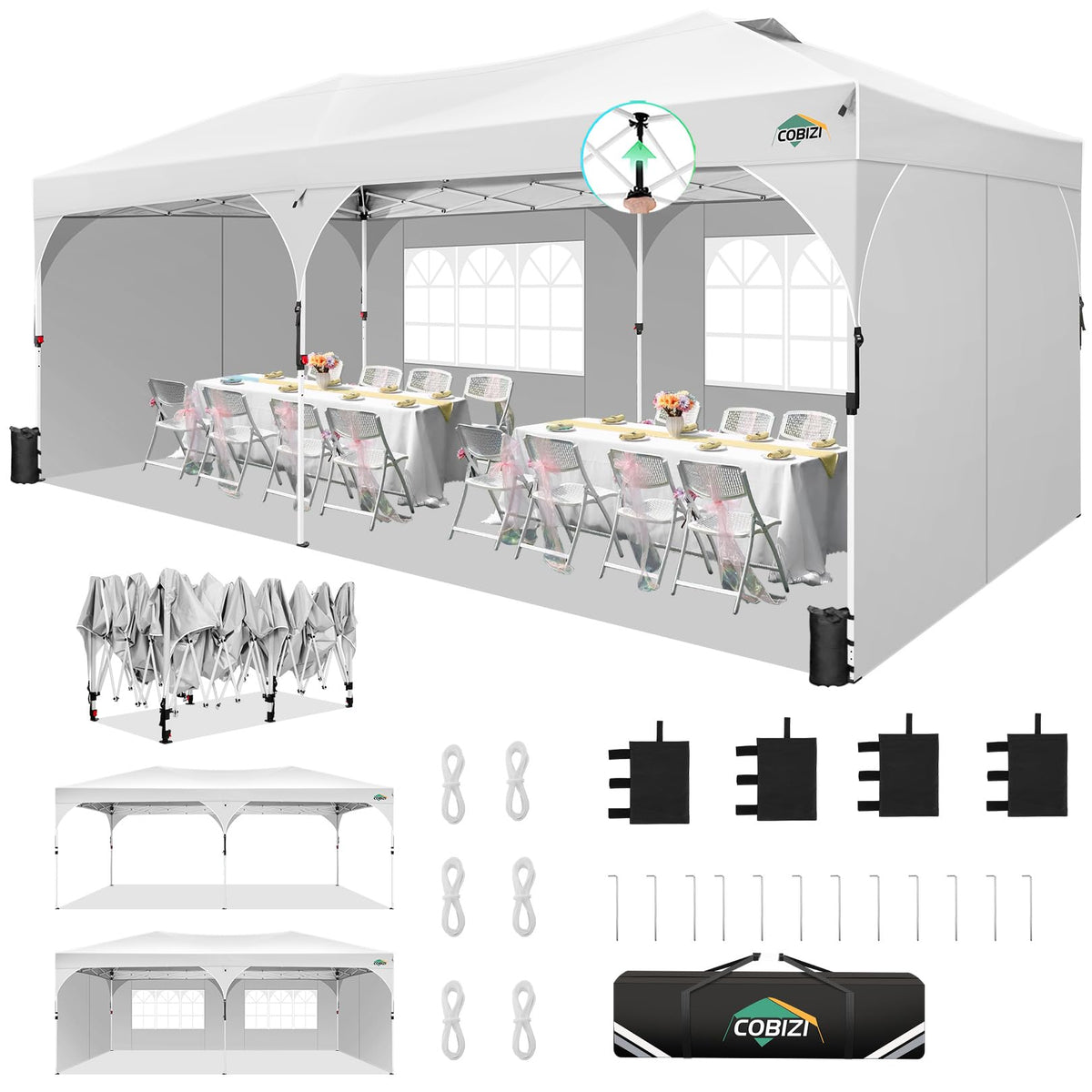 COBIZI 10x20 Pop Up Canopy Tent, Outdoor Party Tent with 4 Sidewalls, 1 Person Easy Set up, Tents for Parties with Fluorescent Strip & 4 Sandbags, Waterproof UPF50+, 3 Adjustable Height, White