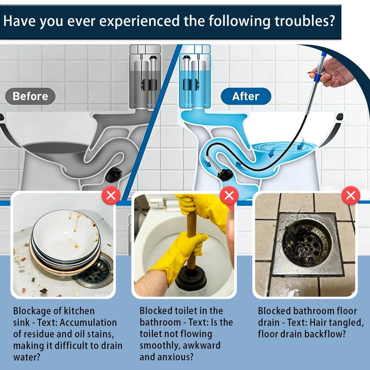 Drainage Snake, Drainage Cleaner, and Hair Removal Tool - Upgraded Version With Easier Pressing, Suitable for Toilet Unclogging, Sink, Shower, Flexible Drainage Snake - (23 inches, 79 inches)