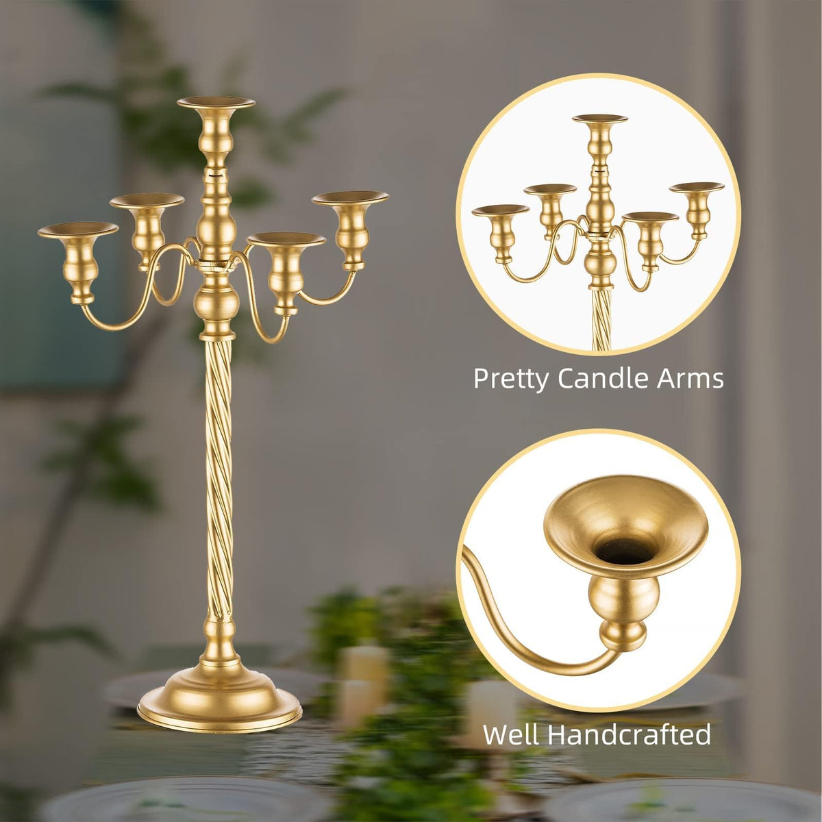 Romadedi Candelabra Gold Candle Stand: 21'' Tall 5-Branch Candlestick Holder for Wedding Centerpiece Decor Christmas Holiday Event Reception Decoration, Set of 2