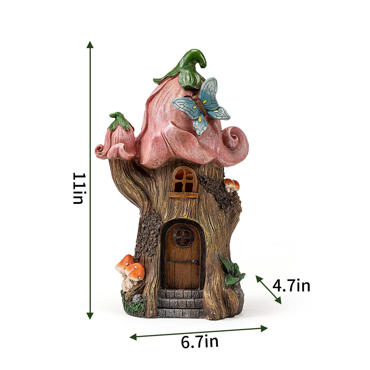 Fairy Garden Accessories Outdoor Statues, Mushroom House Decor,Large Gnome Solar Powered Lights Sculptures,Pink Resin Figurine Butterfly Figurines Lawn Ornaments for Patio Yard Decorations 11Inch