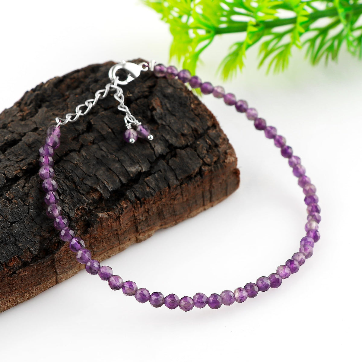 GEMKORA Natural Real Amethyst Crystals Bracelet, 3mm Best Grade Micro Cut Beads, Chakra Healing Gemstone, Beautiful Simple Jewelry, Silver Plated Jewelry 7+1 inch