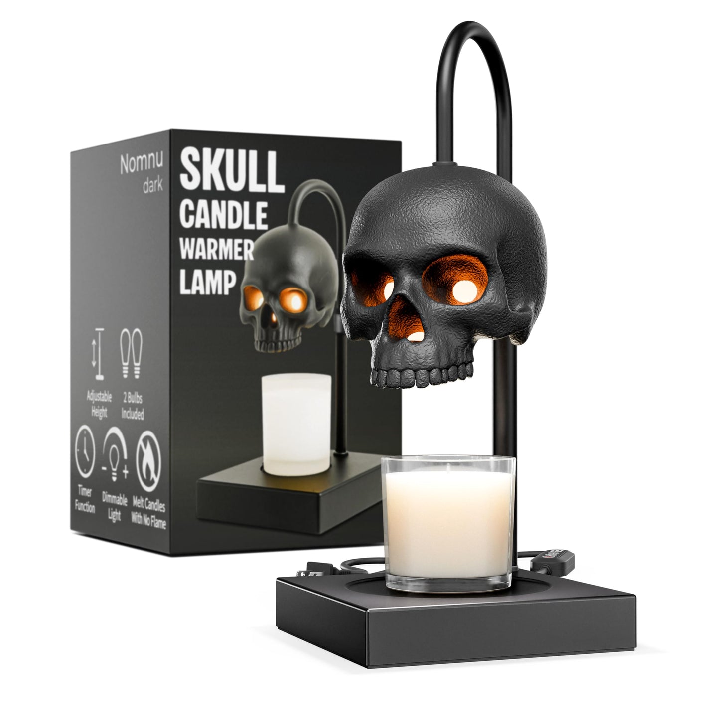 Skull Candle Warmer Lamp with Timer and Dimmer *Candles NOT Included – Black Gothic Candle Lamp Warmer w/ Adjustable Height, 2 Light Bulbs – Skull Decor, Goth Gothic Decor Spooky Home & Witchy Gifts
