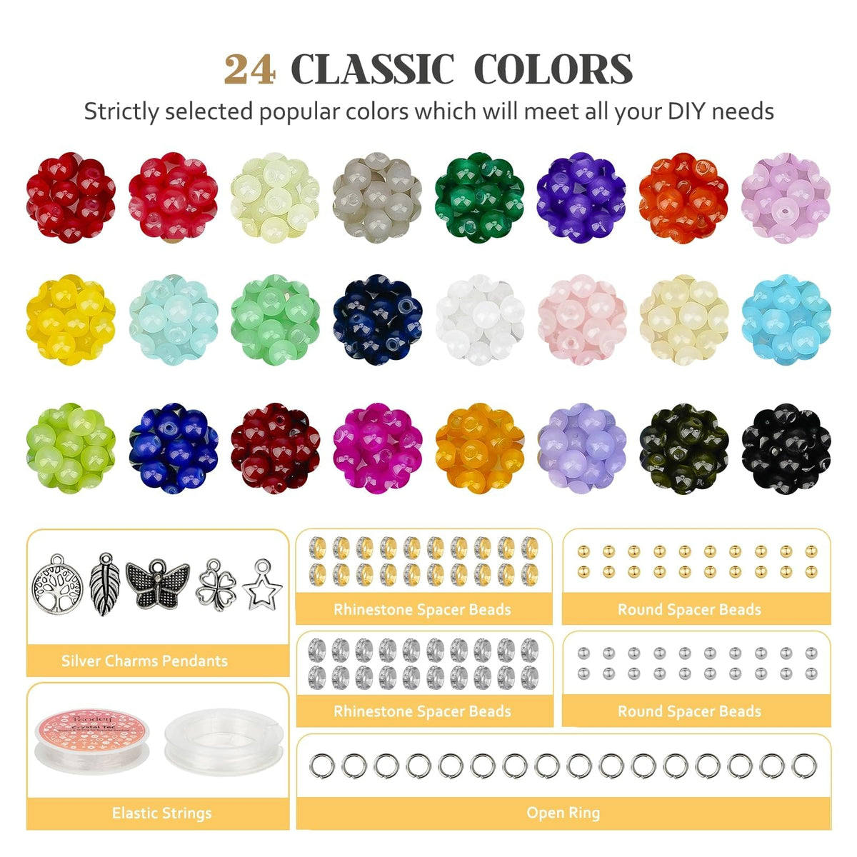 6mm Glass Beads Bracelet Making Kit 1400pcs, 24 Colors Crystal Beads for Jewelry Making Round Beads DIY Crafts with Spacer Beads Charms Accessories