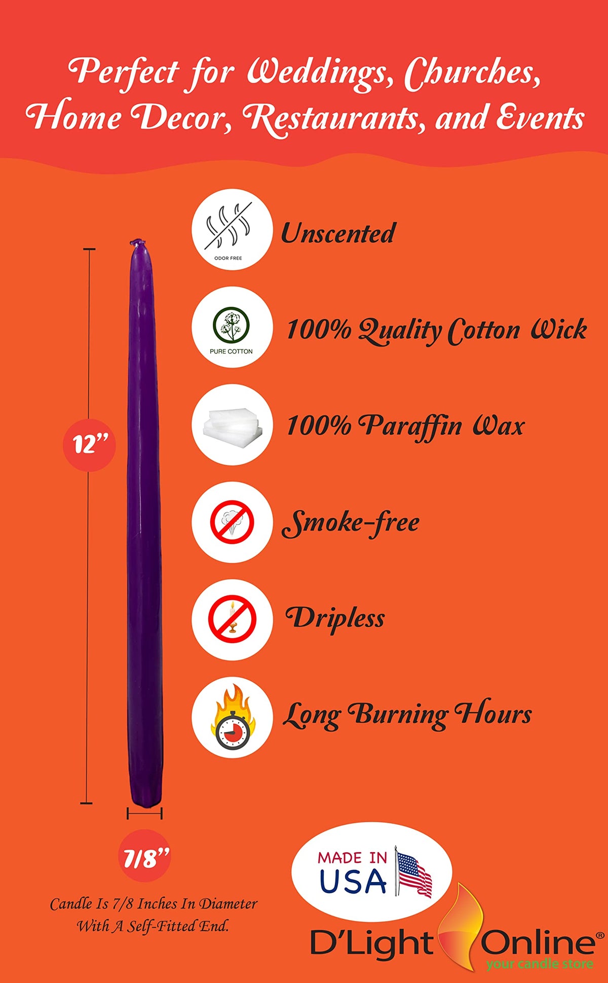 D'light Online Elegant 12" Unscented Purple Taper Candles, Premium Quality Hand-Dipped Tapered Candles, Dripless Tapers and Smokeless - Individually Wrapped (12 Inch, Purple)