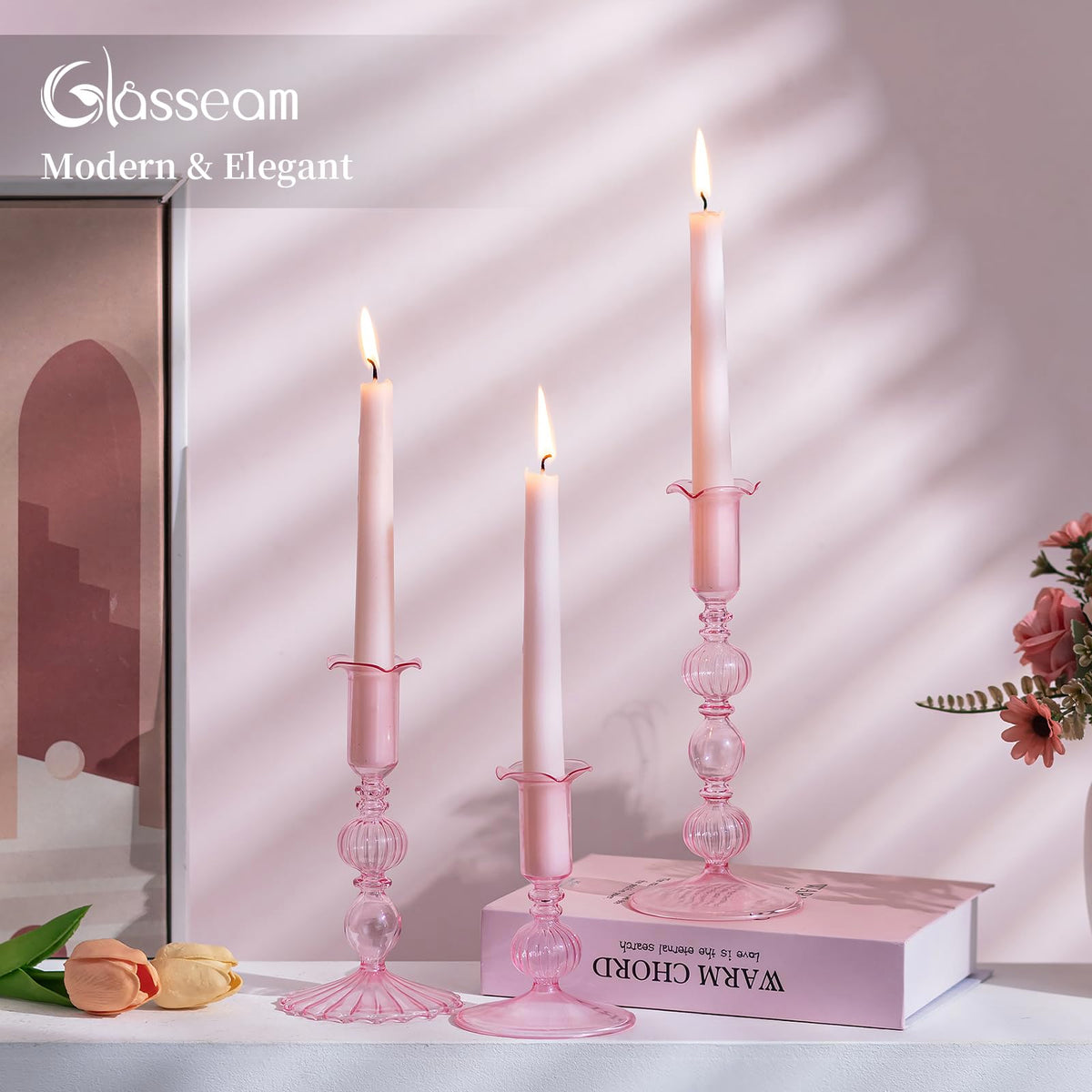 Glasseam Tapered Candlestick Holders Pink: Set of 3 Glass Candle Sticks Holder Decor with Bobeche Modern Ribbed Taper Candle Holders for Table Centerpiece Valentines Wedding Home Decorations