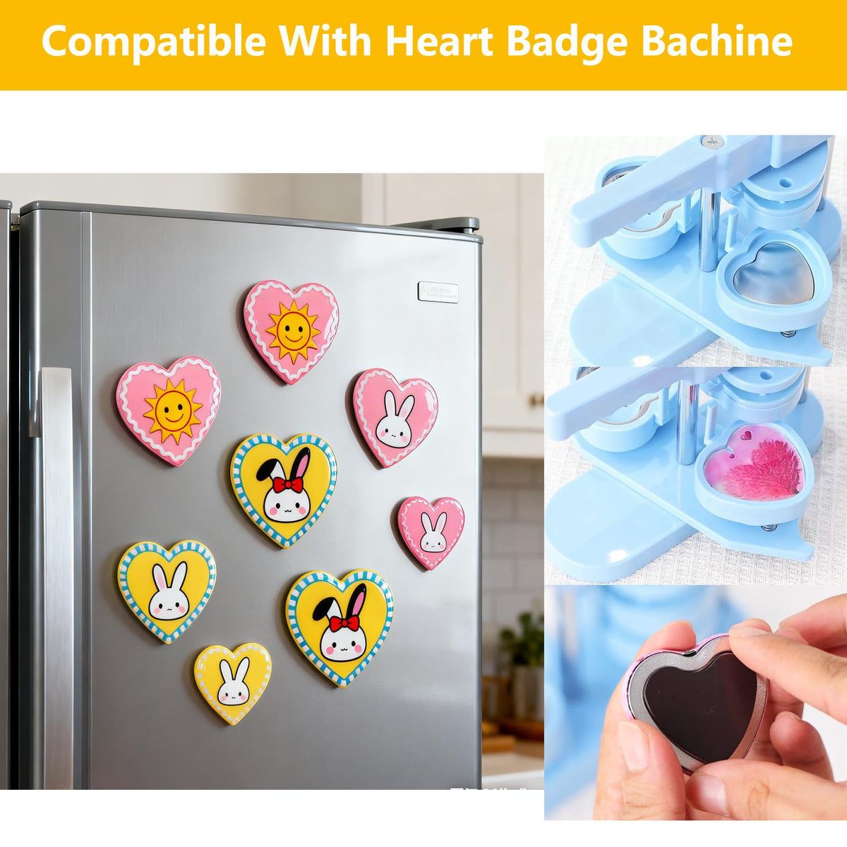 50 Sets Heart-Shaped Fridge Magnet Maker Supplies for Button Maker Machine Heart Shape 2.28 inch/58mm, Includes Metal Cover, Button Back Cover, Soft Magnet, Clear Film,Blank Paper,Children DIY Gift