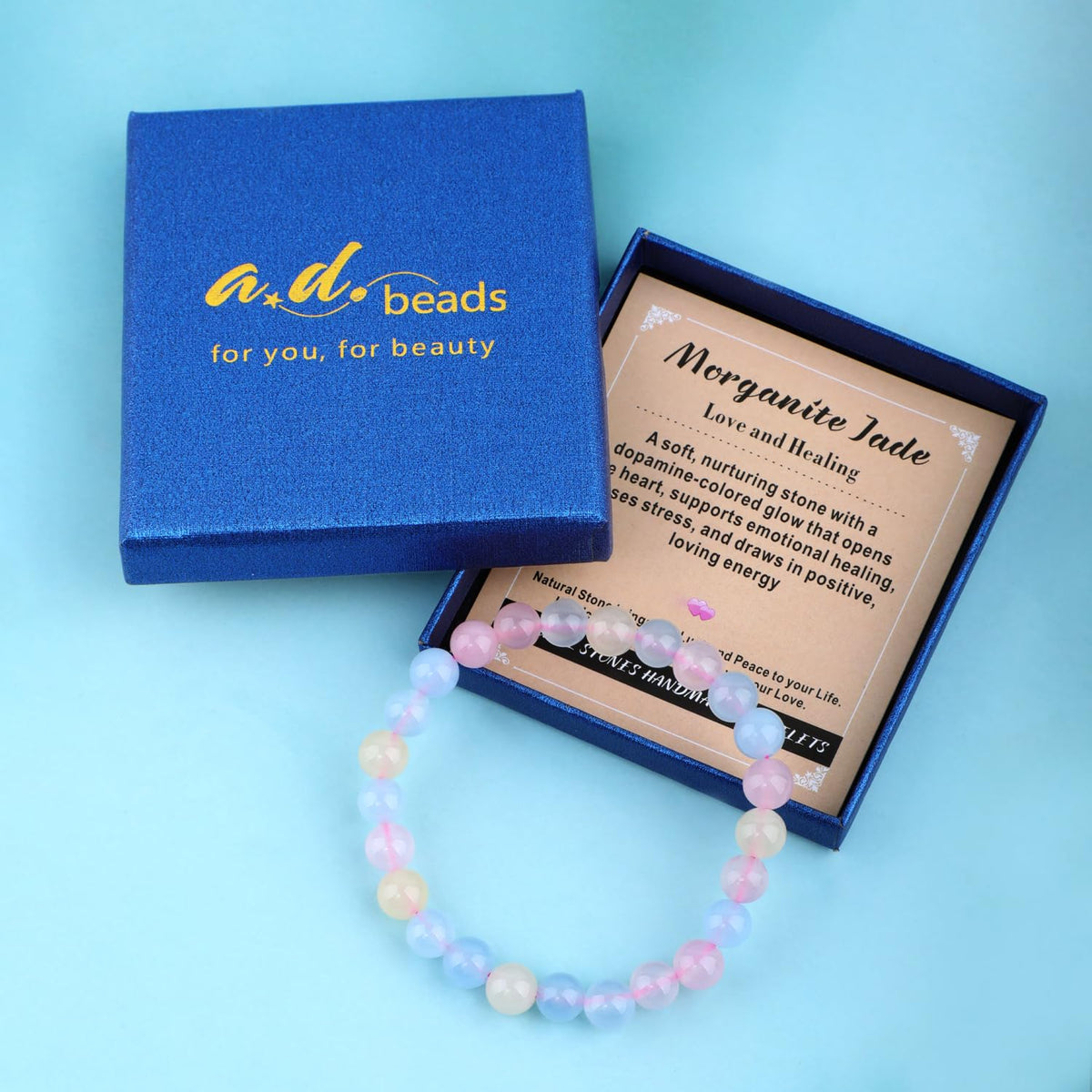 AD Beads 10mm Handmade Morganite Jade Elastic Bracelet – Natural Gemstone for Joy & Positivity – Meditation, Yoga, Healing and Energy Gift for Men Women