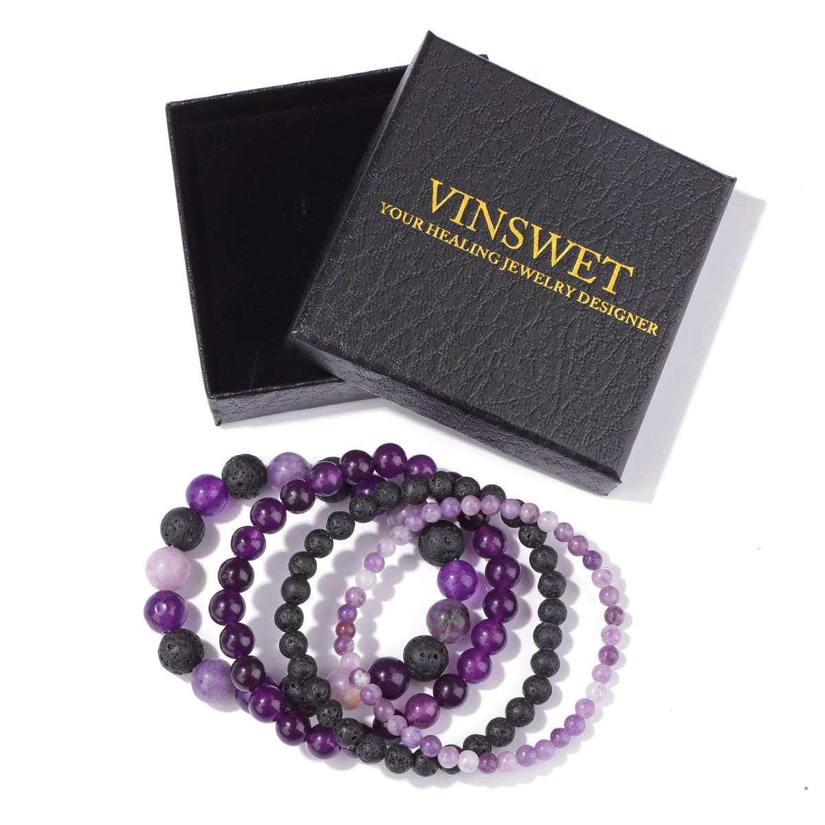 Vinswet 4pcs Natural Stone Beaded Bracelets for Women Men,Healing Crystal Gemstones Stretch purple Bracelet,4mm 6mm 8mm 10mm Amethyst Lava Rock Lepidolite Anxiety Stress Relief Bracelet Jewelry Gifts