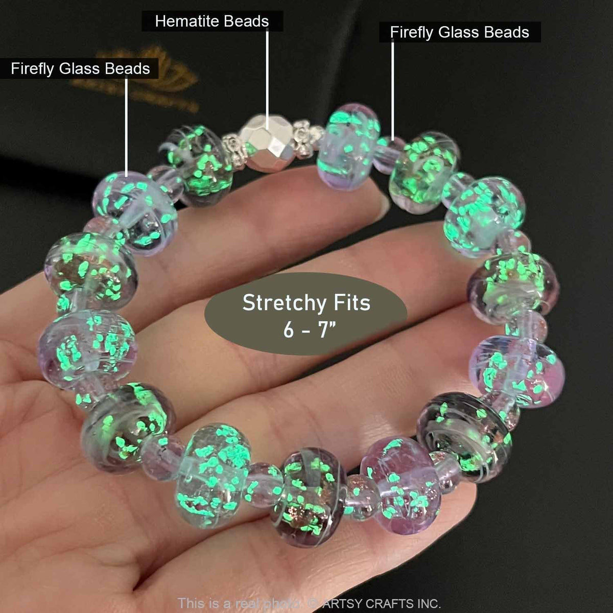ARTSY Crafts Glow in The Dark Firefly Beads Bracelet, Handmade in USA, Colorful Donut Shaped Luminous Murano Glass Beads Jewelry Mermaid Crystals Inspirational Gift (Lavender + Violet)