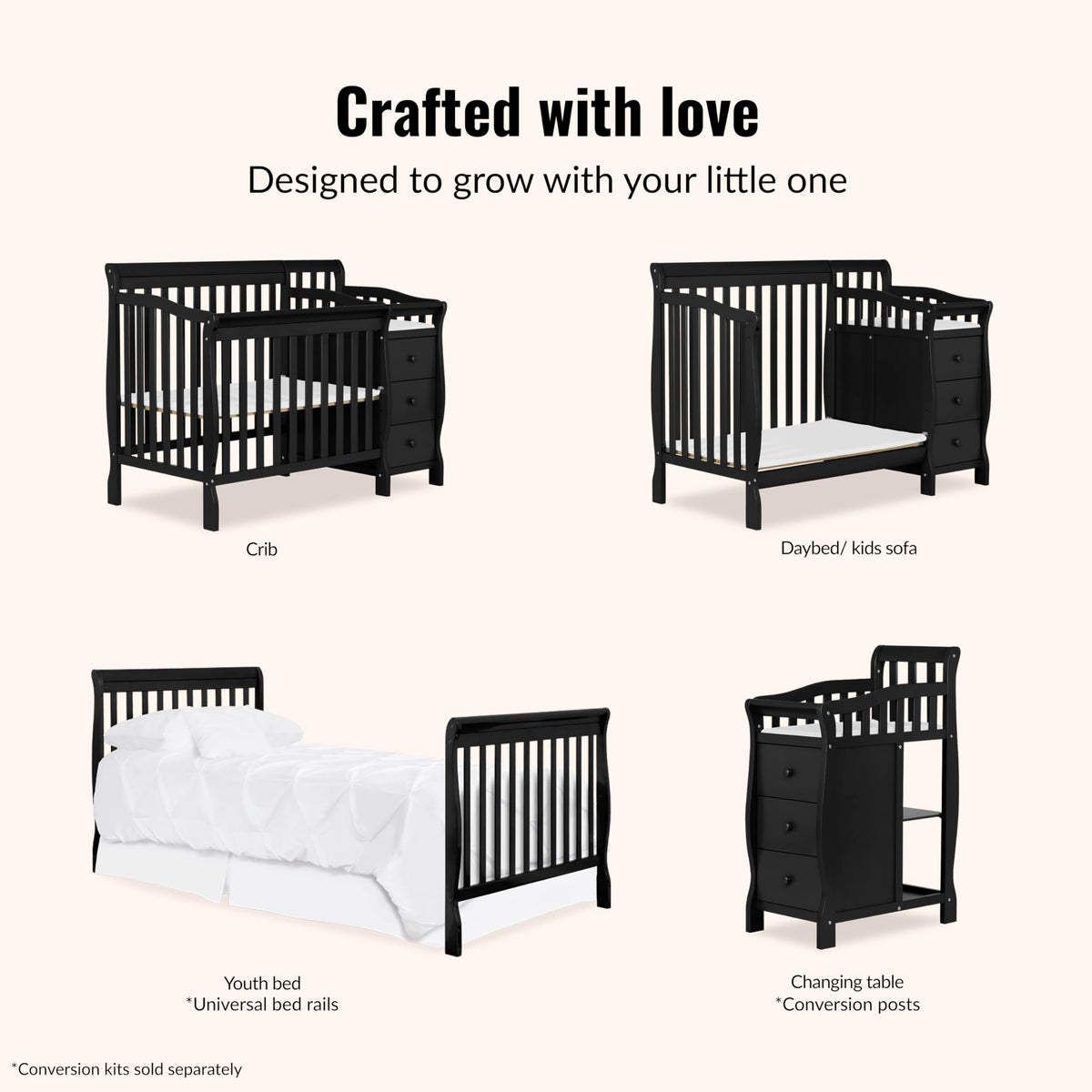 Dream On Me Jayden 4‑in‑1 Mini Convertible Baby Crib & Changer with Storage in Black, Pinewood, GreenGuard Gold & BSA, 1” Mattress Pad, 3 Mattress Heights, Converts to Mini Day & Twin-Size Bed