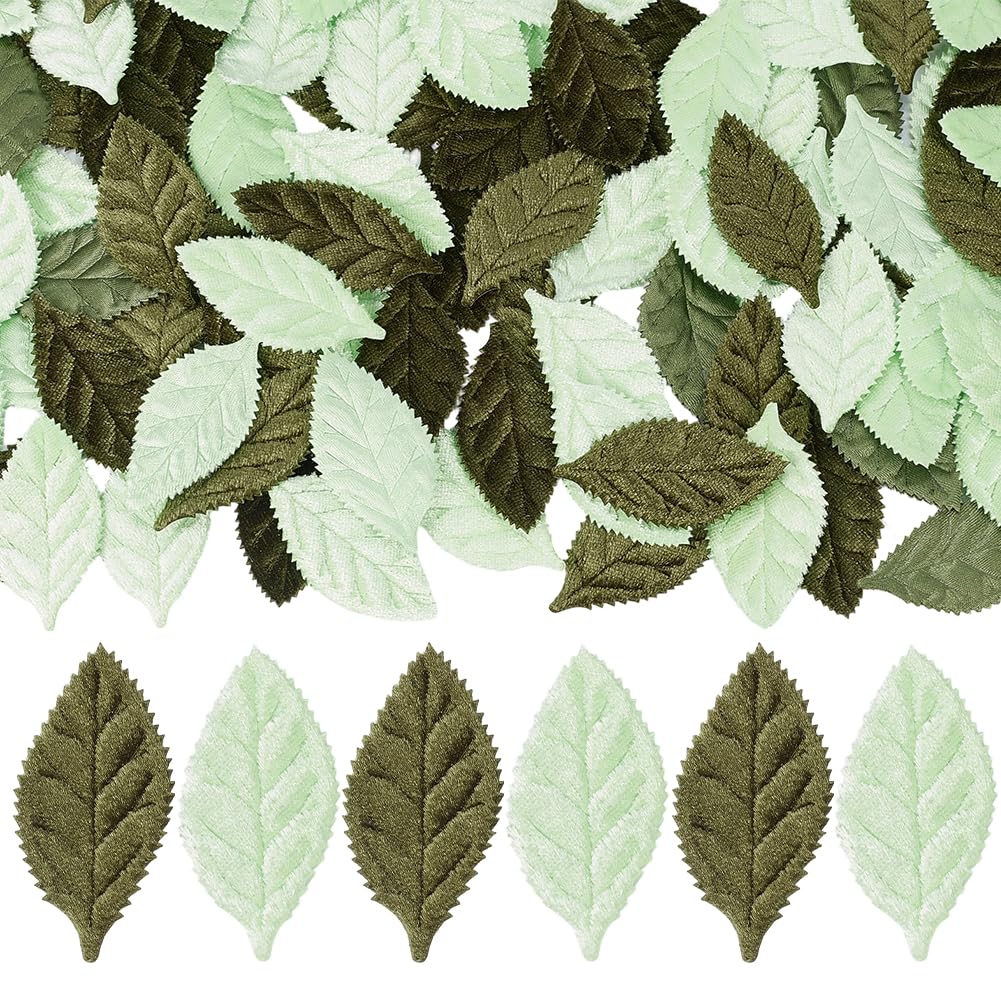 CABODYALS 100Pcs Mixed Green Velvet Fabric Leaves Spring Faux Artificial Craft Small Leaf Double Face Decorative Cloth Appliques Bulk for Sewing Making Wedding Party Scrapbooking Decor DIY Supply