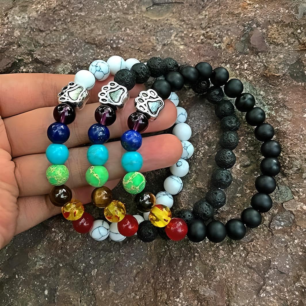 PawsFourLove 7 Chakra Natural Stone Paw Charm Bracelet Lava Rock Mala Beads Elastic Bracelet Yoga Meditation Healing, Dog Puppy Cat Animal Paw Bracelet (Red)