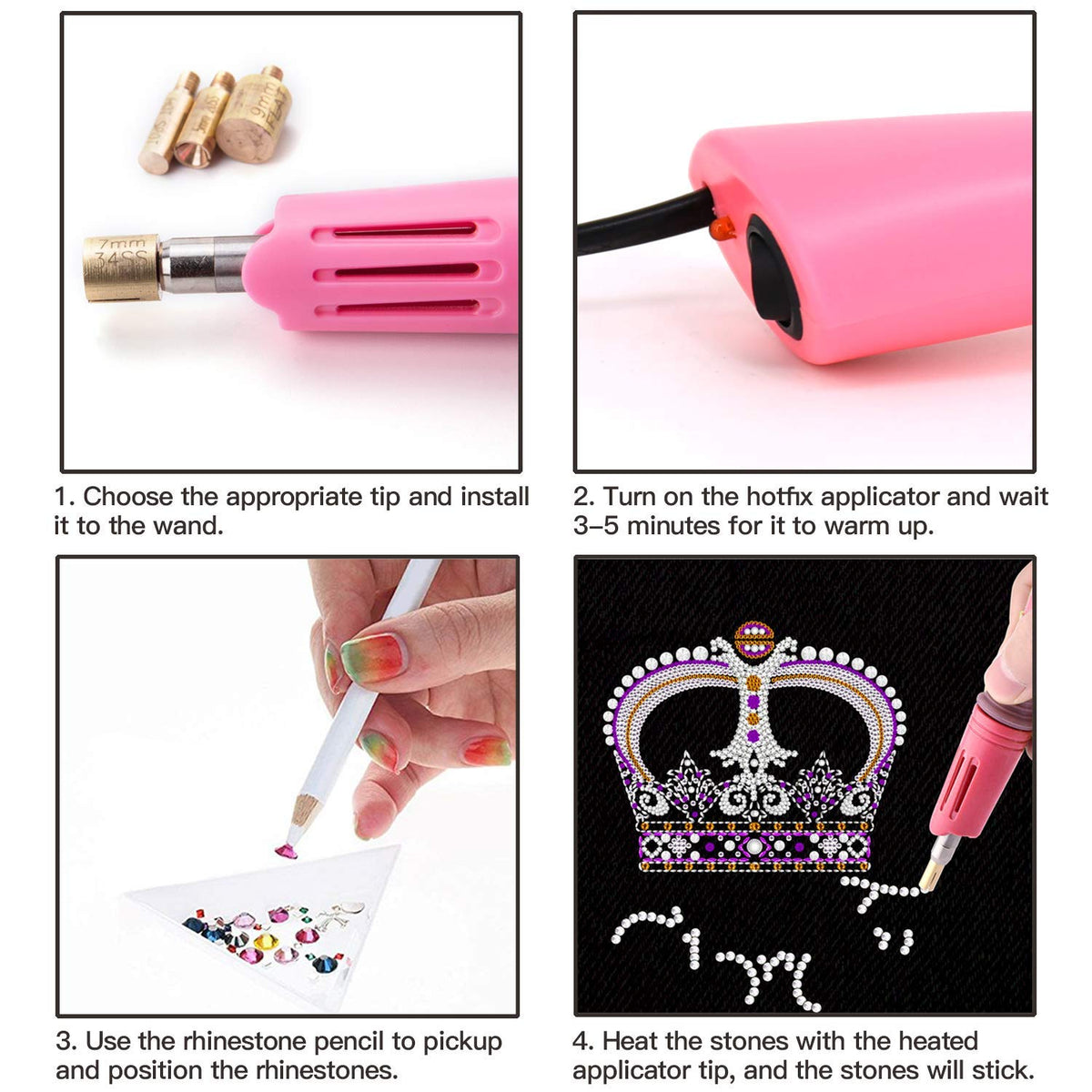 GGLTECK Hotfix Applicator Rhinestones - Hot Fixed Bedazzler Kit, DIY Hot Fix Rhinestone Applicator with 7 Different Sizes Tips, 5304 PCS Rhinestones, Tweezers Brush Cleaning Kit