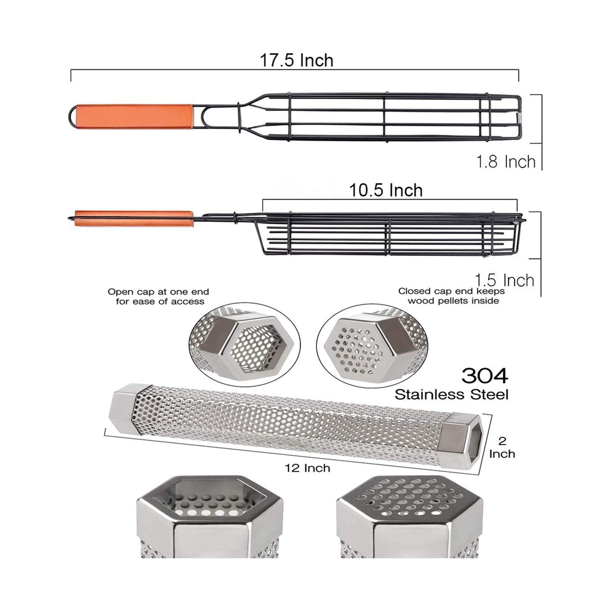 Kabob Grilling Baskets, BBQ Grill Accessories Set of 4 with 12" Stainless Steel Hot/Cold Smoker Tube, BBQ Smoker Rotisserie Basket for Grilling Vegetables