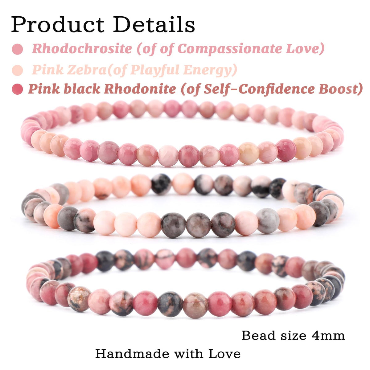 NCB 3-Piece 4mm Natural Crystal Gemstone Stretch Bracelets – ﻿Rhodochrosite, Pink Zebra, Pink Black Rhodonite Handmade Reiki Energy Healing Jewelry for Meditation,Yoga, Unisex