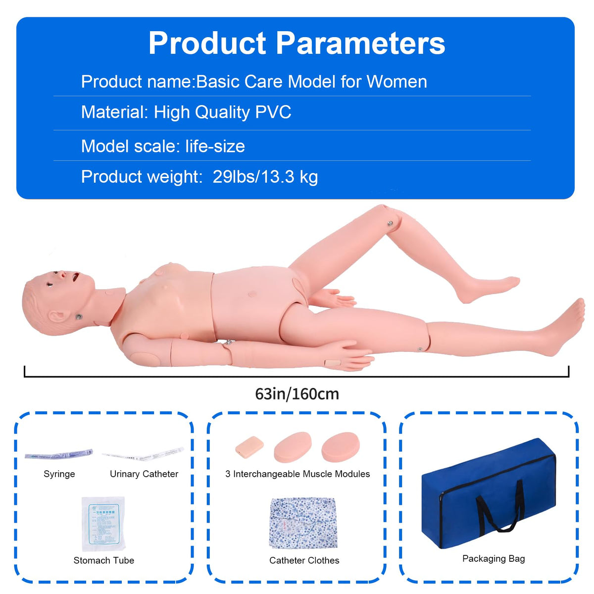 Medical Mannequin for Training, Female CPR Human Manikins Highly Simulated Patient Care Medical Manikin with 3 Muscle Module & Patient Gown & Urinary for Teaching Pratice (Famale)