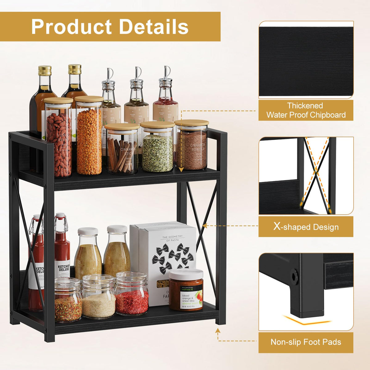 Giikin Kitchen Countertop Organizer, 2 Tier Coffee Bar Organizer, Black Spice Rack for Counter, Kitchen Counter Shelves, Particleboard, Large Size (15.8" L x 7.9" W x 15.8" H), Black