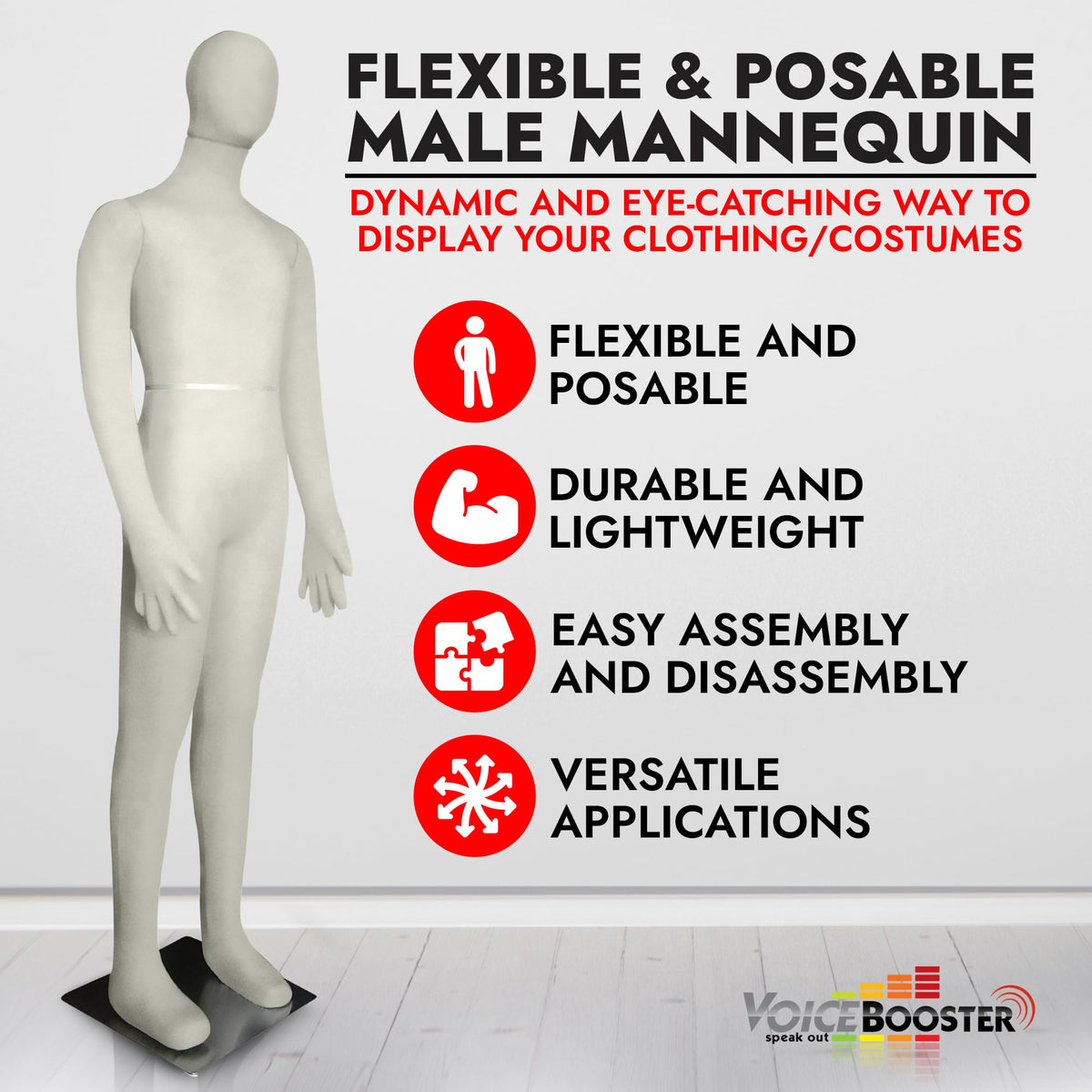 Full Body Male Mannequin by Voicebooster Speak Out - Flexible, Bendable, Poseable Standing Model with Adjustable Arms - Soft Foam Dress Form for Costumes, Clothing Display, Sewing - Beige/White