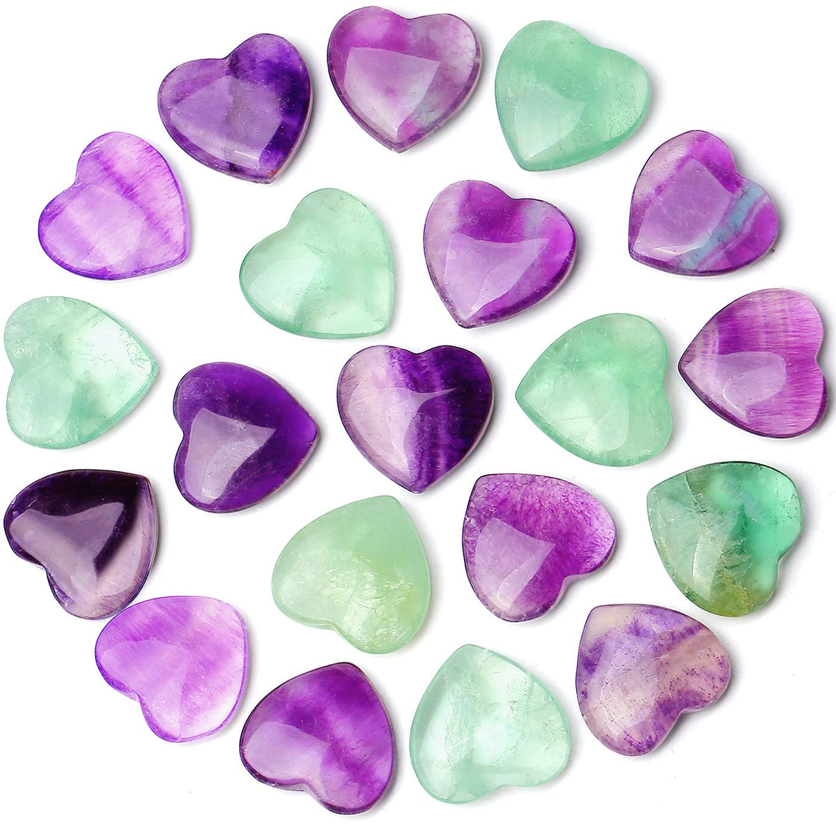 QINJIEJIE 20 PCS Fluorite Heart Healing Crystals Natural Polished Crystal Worry Stones Chakra Mini Cute Palm Love Gemstones Set Bulk Wholesale Reiki Energy Balancing Meditation Valentine's Day Gift