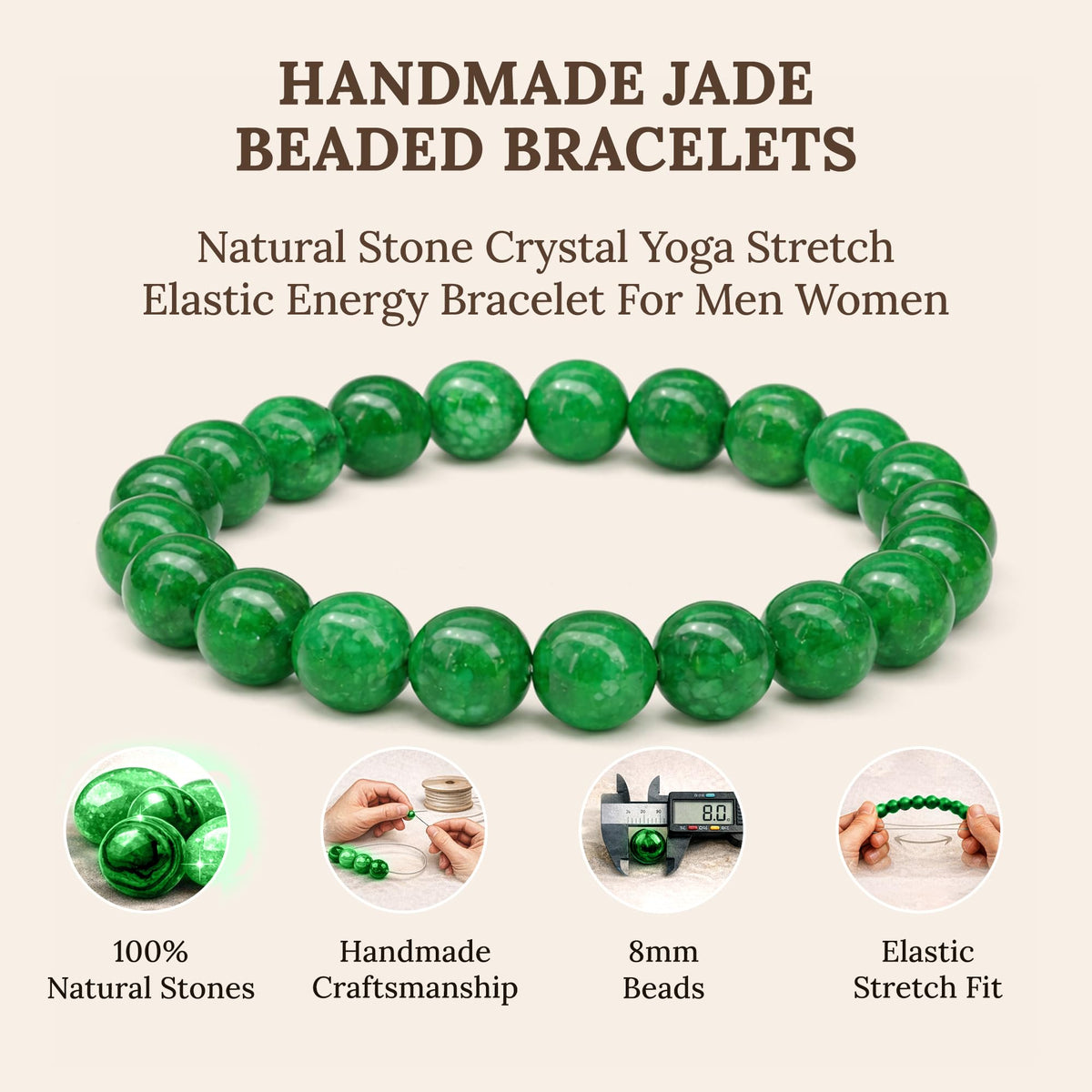 Elm City Direct 8mm Natural Stone Beaded Bracelet – Unisex Crystal Stretch Bracelets for Men & Women, Chakra & Healing Jewelry, Gift-Ready Beaded Bracelets (Jade, 8mm)