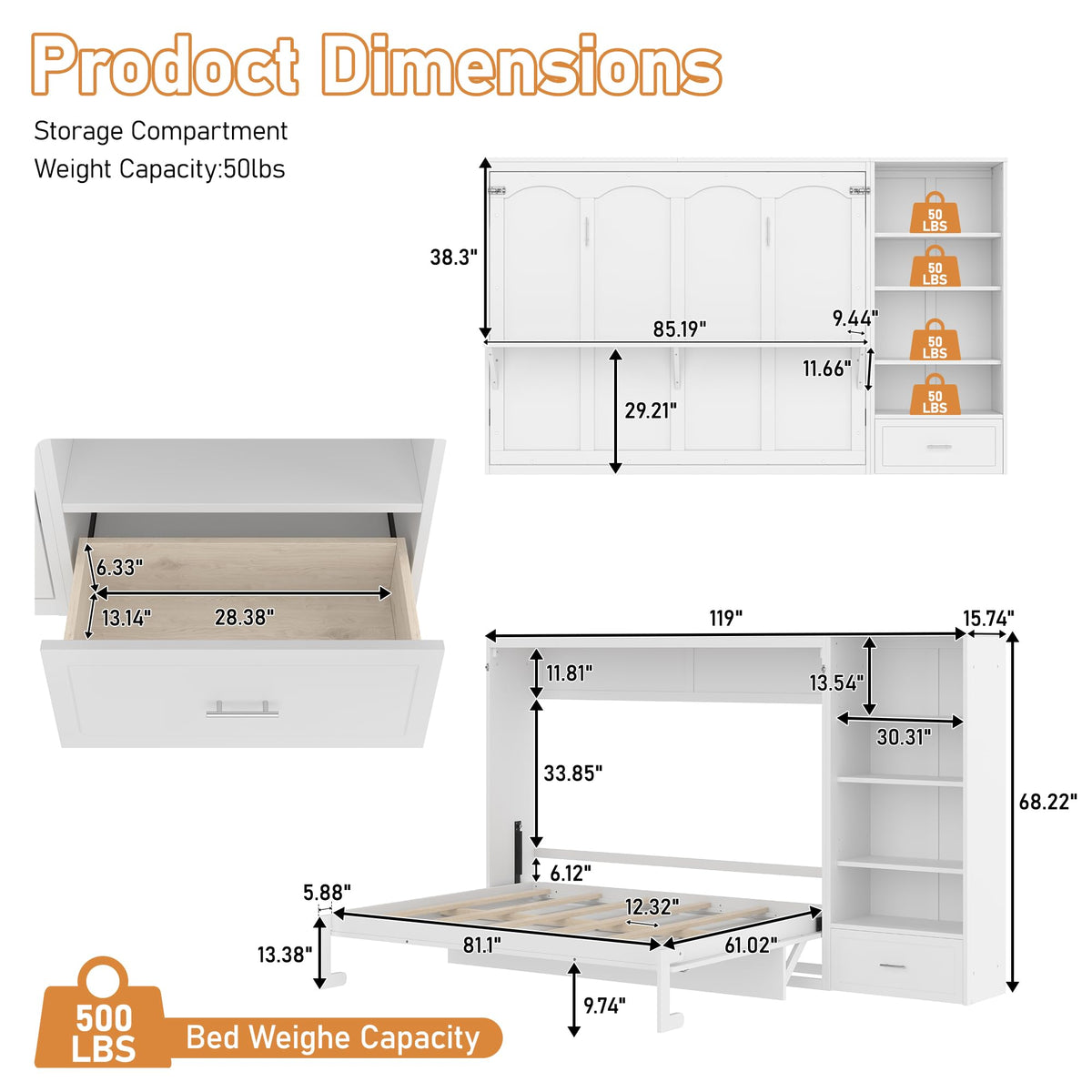Bellemave Queen Murphy Bed with Height Adjustable Storage Compartments and Shelf, Wall Bed Frame, Murphy Cabinet with Foldable Panel, Noisy Free, for Guest Bedroom, Living Room, White