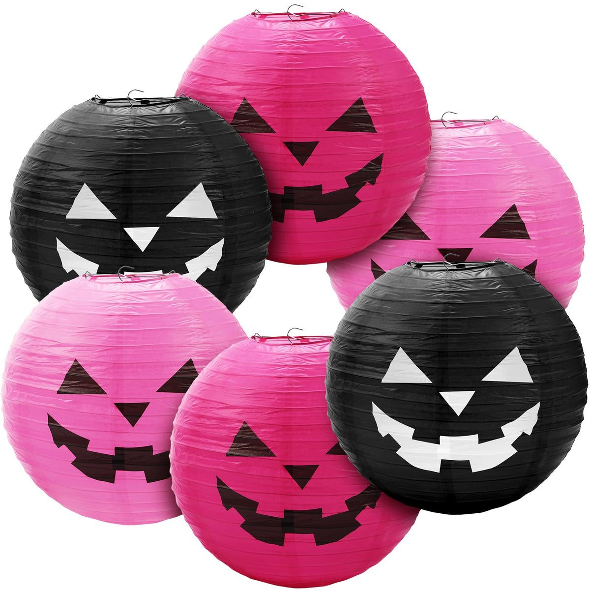 Blulu 6 Pieces Halloween Hanging Paper Lanterns Set Pumpkin Paper Jack-O'-Lantern for Halloween Spooky Home Party Decoration, 11.8 x 11 Inch (Pink,Black)