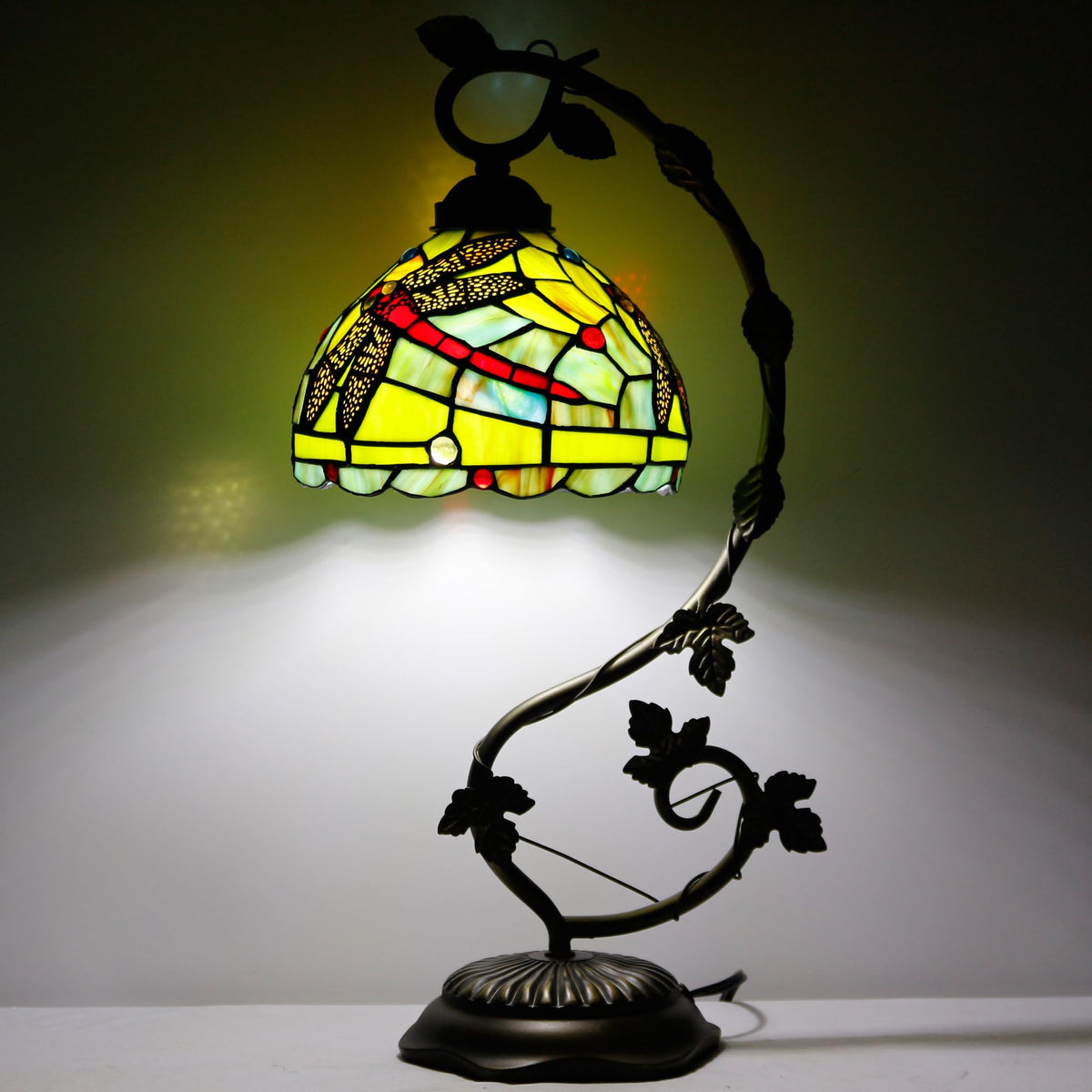 ZJART Tiffany Lamp Stained Glass Table Lamp Metal Leaf Desk Reading Light 8X10X21 Inch Decor Small Space Bedroom Home Office (Green Red Dragonfly)