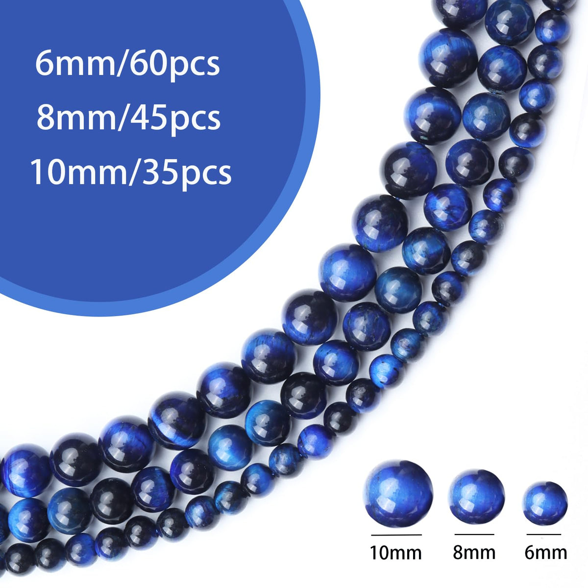 Siomia 45pcs 8mm Natural Blue Tiger Eye Gemstone Beads Energy Healing Crystal Round Loose Stone Beads for Jewelry Making, DIY Bracelets Necklaces