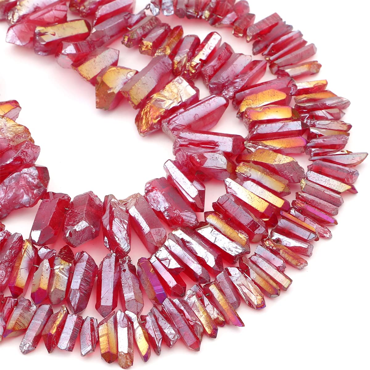 BEADIA Red Titanium Coated Crystal Quartz Spike Point Stick Beads AB Color 1.0"-1.5" for Jewelry Making 15 Inch/Strand