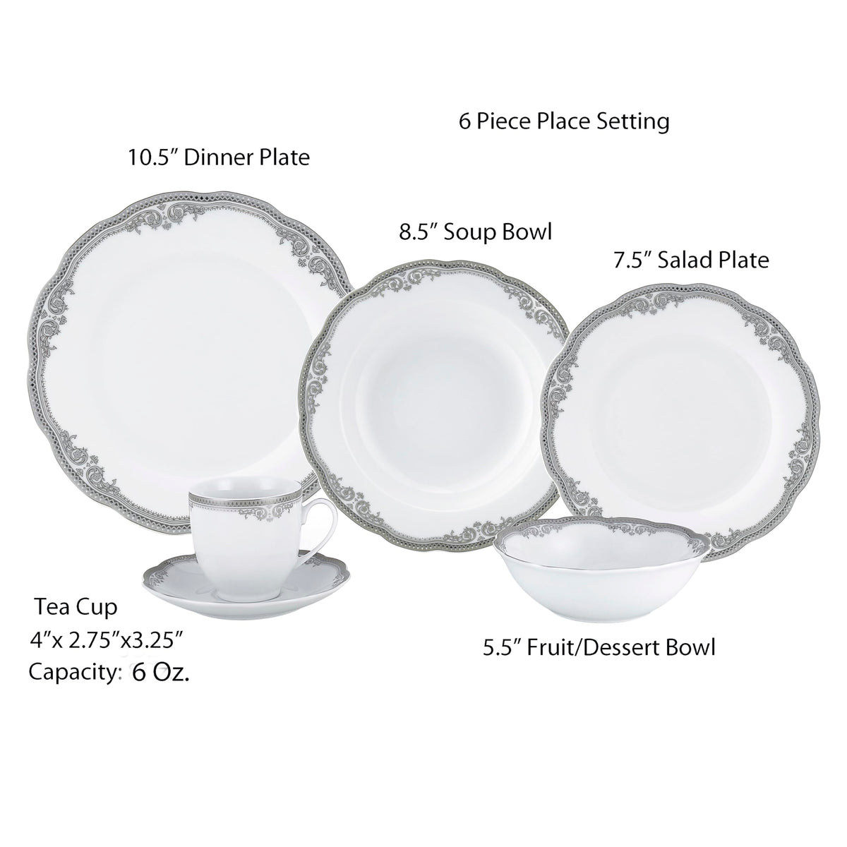 Stylish and Elegant 57 Pieces Porcelain Dinnerware Set Service for 8 People for Hosting Parties and Events - Wavy Edge, Silver Trim