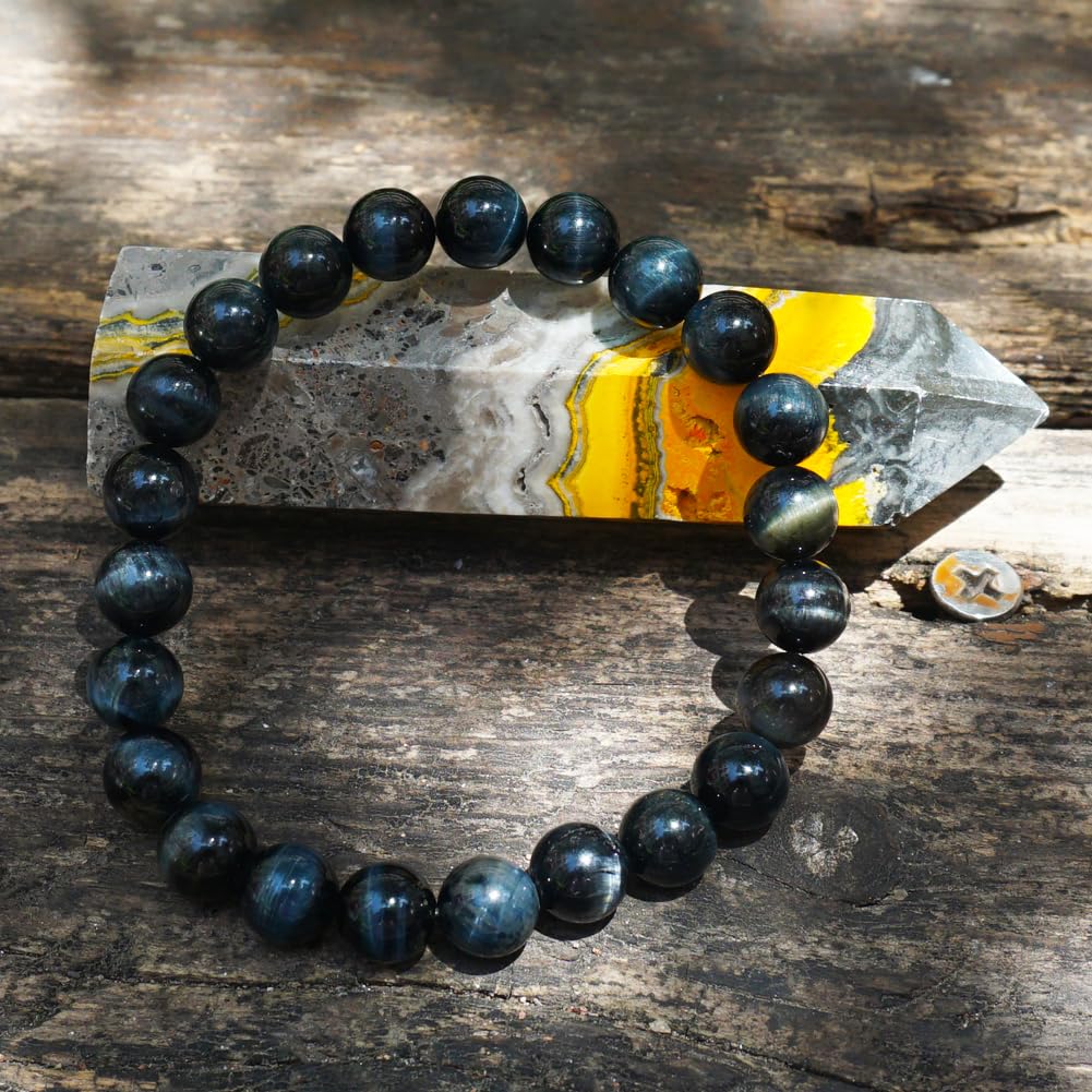 TaHLga 8mm Blue Tigers Eye Bracelet for Women Men | Natural Handmade Protection Hawks Eye Throat Chakra Gemstone Crystal Jewelry | Beading Tool Kit - Fits for 6.5-7.5" Wrist | Boost Motivation