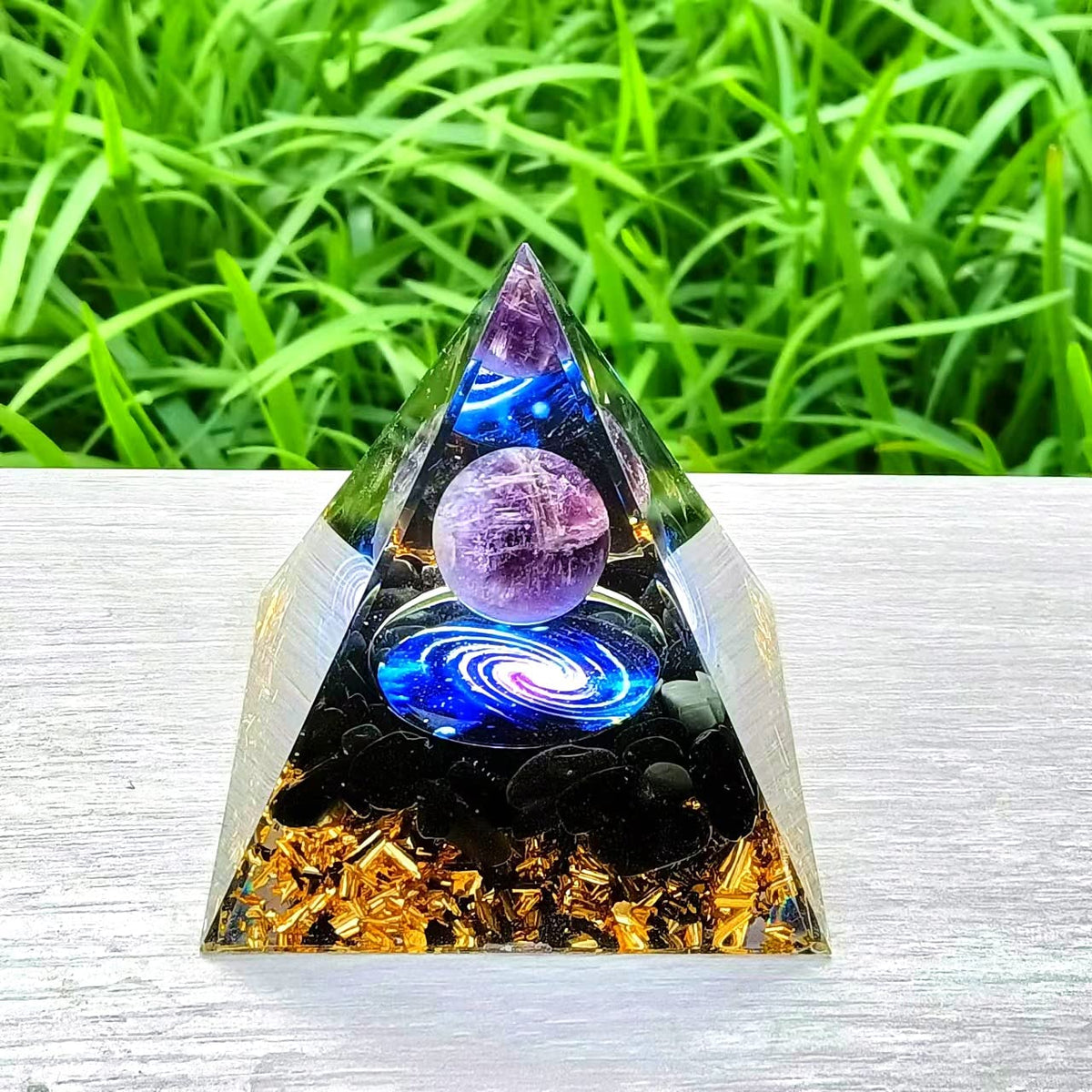ycyingcheng Moonstone Crystal Orgone Pyramid Ogan Crystal Energy Tower, Nature Reiki Chakra Crushed Stone Jewelry, Crystal Pyramid for Home Decor (Blue Nebula)