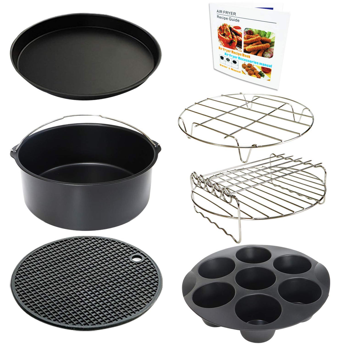 Air Fryer Accessories Set of 7 with 8 Inch Egg Bites Mold, Pizza Pan, Cake Barrel, Skewer Rack, Silicone Mat for 3.5Qt-5.8Qt Phillips Nuwave Gowise Gourmia Ninja Dash Air Fryer