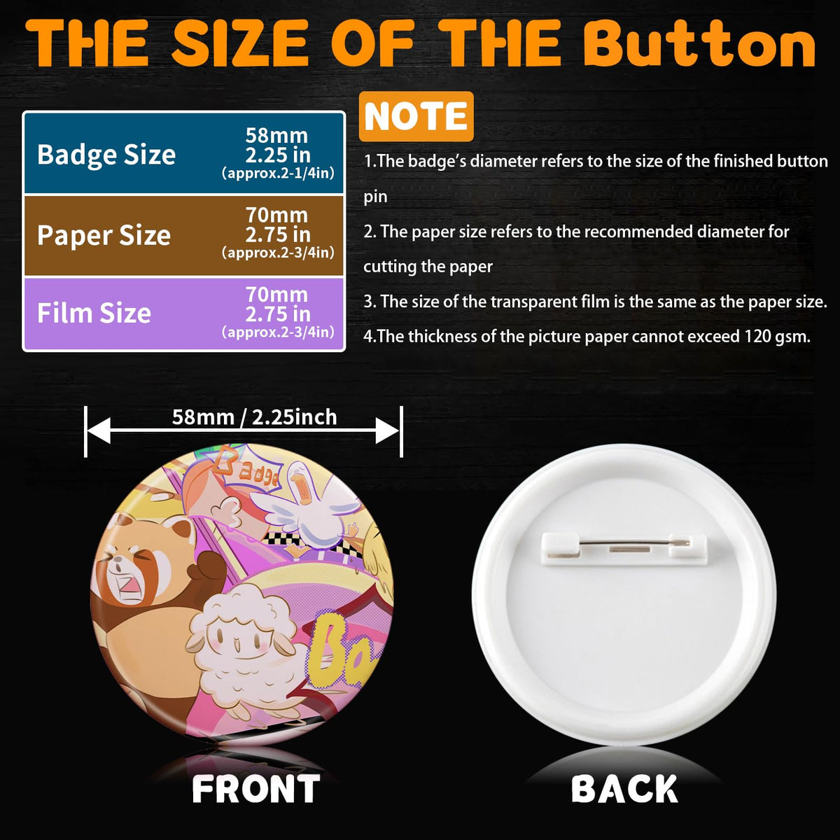 PPTTOODD 100 Sets 58mm / 2.25 in (Approx. 2-1/4 inch) Button Making Supplies for Your Round Button Maker Machine, Including Metal Covers, Plastic Back Covers, Clear Plastic Film & Blank Paper