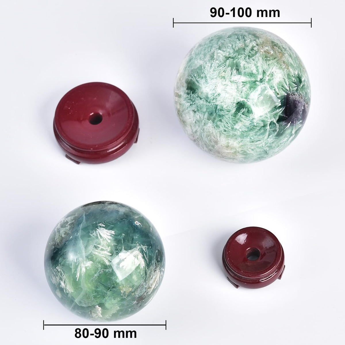 JIC Gem 3.1-3.5 inch(80-90mm) Large Crystal Ball Feather Fluorite Healing Crystals Sphere with Wooden Stand Meditation Home Decor