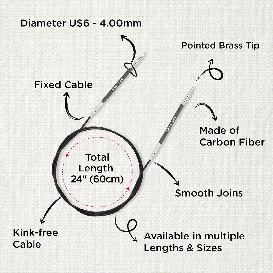 KnitPro Karbonz Fixed Circular Needle 24"(60cm) | US Size 6 (4mm)