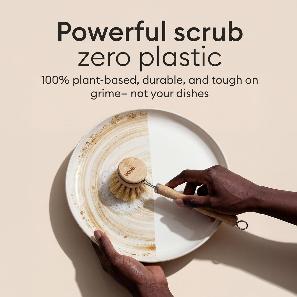Vove Bamboo Dish Brush, FSC-Certified - Includes 3 Replacement Heads - Natural Fiber Bristles - Non-Toxic, Plastic-Free - Scrub Brush for Pots, Pans & Dishes
