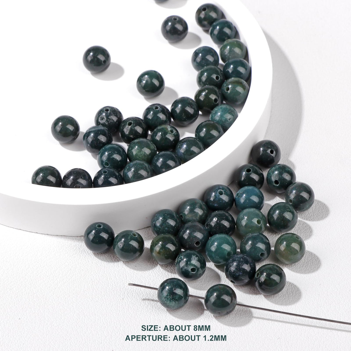 Risyfjew 50PCS 8mm Natural Moss Agate Beads Gemstone Round Loose Beads for Jewelry Making Chakra Crystal Stone Beads for Bracelets Necklace Earrings Making Supplies (50pcs/Strand)