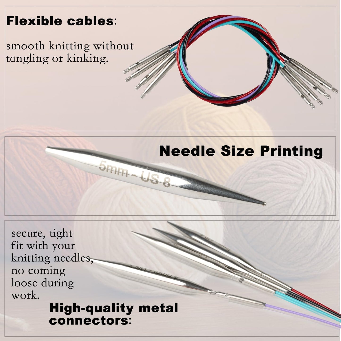 Svartur 2 inch Interchangeable Circular Knitting Needles, Stainless Steel Shorties Interchangeable Knitting Needles with 4 Assorted Cables, Storage case