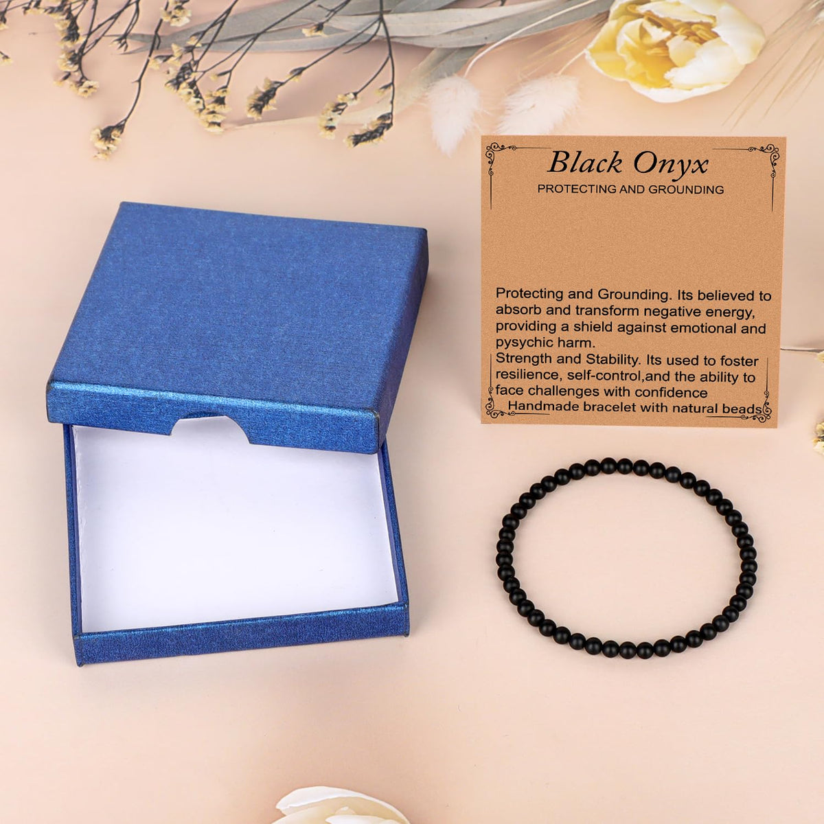 LPBeads Handmade Natural Gemstone Stretch Elastic 4mm Matte Black Onyx Bracelet Healing Crystal Round Stone Beads Jewelry Gifts for Women Men