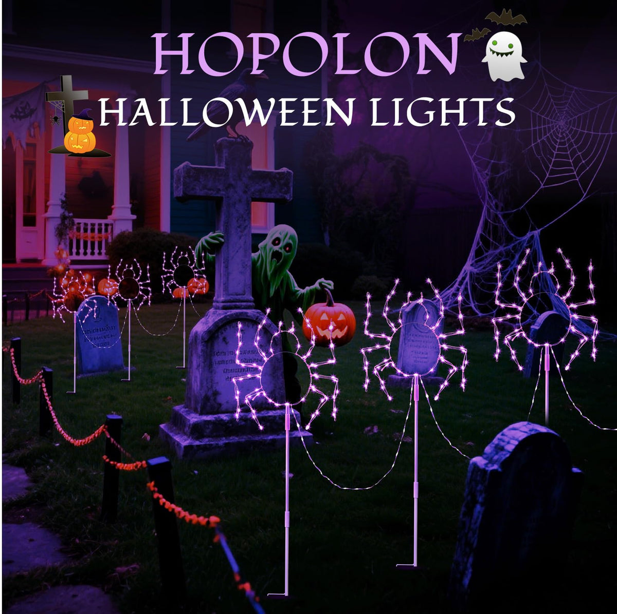 Outdoor Halloween Decorations Lights, 3PACK Hopolon Halloween Spider Pathway Lights 229LED Plug-in Purple Garden Light Walkway with 8Modes Timer Waterproof for Holiday Home Garden Yard Party Decor