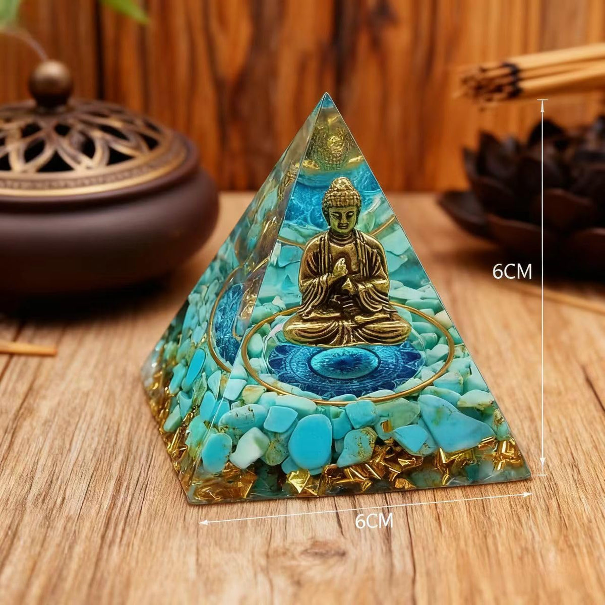 ycyingcheng Moonstone Crystal Orgone Pyramid, Turquoise Ogan Crystal Energy Tower, Bronze Statue Buddha Sculpture Crystal Pyramid for Home Decor (Crystal Pyramid-23)