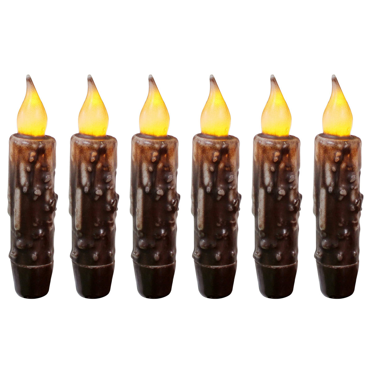 CVHOMEDECO. Real Wax Hand Dipped Battery Operated LED Timer Taper Candles Rustic Primitive Flameless Lights Décor, 4-3/4 Inch, Brwon, 6 PCS in a Package