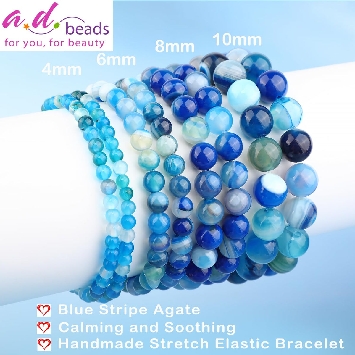 AD Beads 10mm Handmade Blue Stripe Agate Elastic Bracelet – Natural Gemstone for Calming and Soothing – Meditation, Yoga, Healing and Energy Gift for Men Women