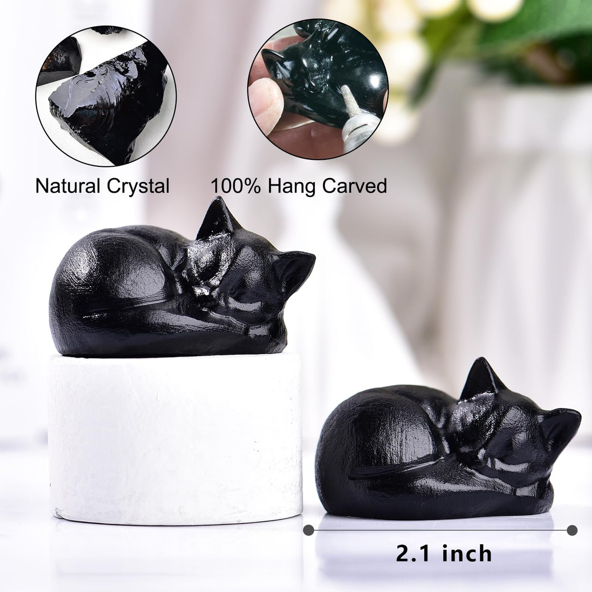 Ytbeoxk 2.1 Inch Black Obsidian Cat Crystal Statue, Healing Crystal Gemstones Decorations, Lucky Cute Kitten Figurines, Black Sleeping Cat Gifts Home Office Desk Decor for Kitten Lovers Woman Men
