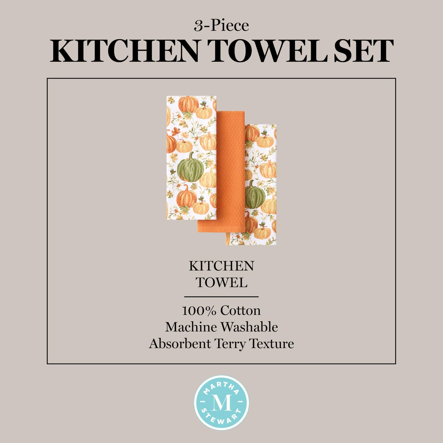 Martha Stewart Autumn Harvest Pumpkins Kitchen Towel 3-Pack Set, 100% Cotton with Absorbent Terrycloth, Decorative Kitchen Towels, Orange/Green/Ivory, 16"x28"