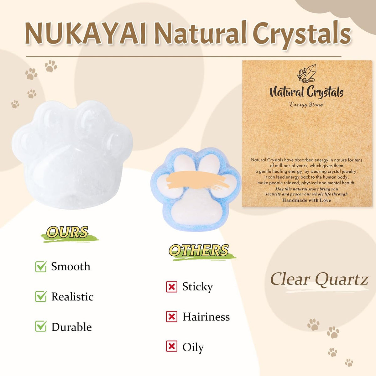 NUKAYAI Clear Quartz Cat Paw Crystal Statue Worry Stone for Anxiety Carved Figurines for Sculpture Handcrafted Decor Natural Gemstones Healing Crystals Spiritual Mini Gifts for Cat Lovers Women