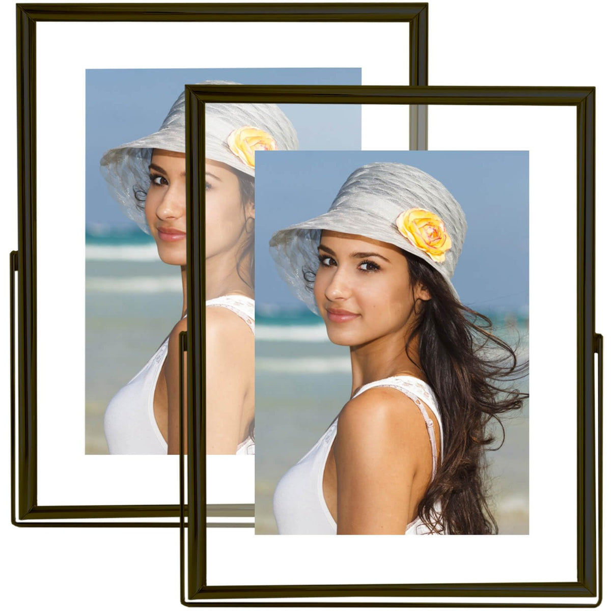 CROXXID 5x7 Floating Picture Frames Set of 2, Made of Metal and Double Real Glass, for Photo Size up to 7x9, Tabletop Display Home or Wedding Decoration (Vertical Black)
