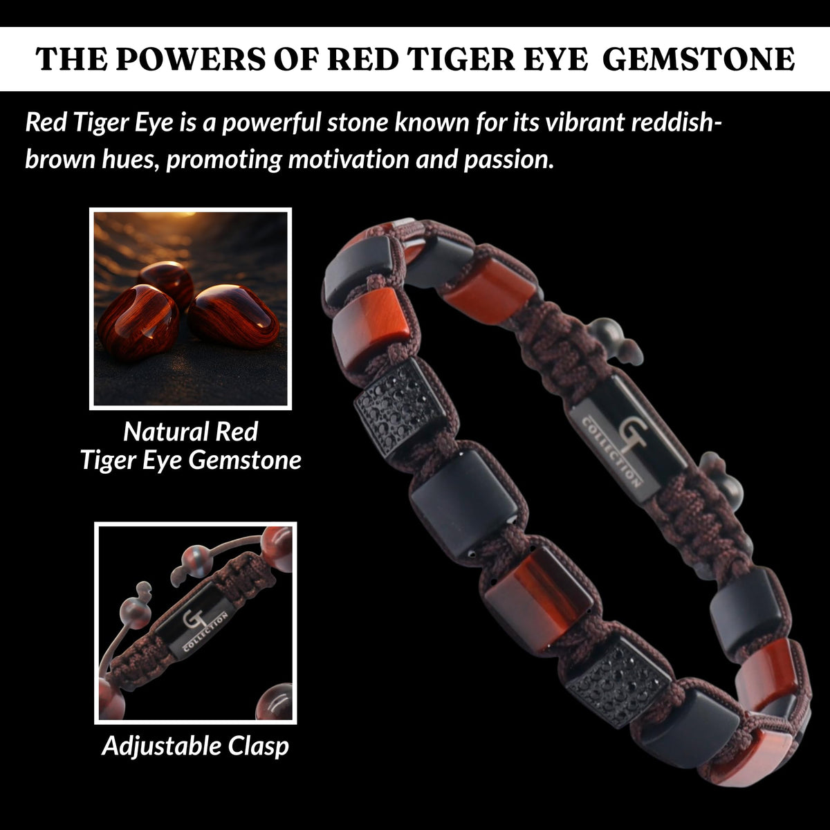 Flat Bead Bracelet, Red Tiger Eye Gemstone Adjustable Bracelets for Men - Beaded Energy Bracelet for Confidence and Passion, Handcrafted Men's Jewelry Gifts for Men