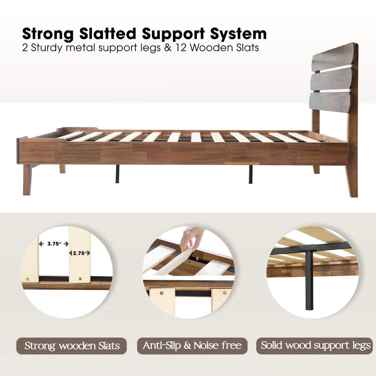 Full Size Solid Wood Platform Bed Frame, Headboard & Footboard, 12 Heavy-Duty Slatted Base, Center Metal Legs, Easy Assembly, No Box Spring Needed, Anti-Slip & Noise-Free, Walnut Finish OZF-37